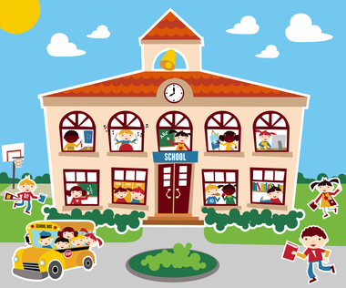 Time to go back school vector illustration background. Bus, children and school facade composition.